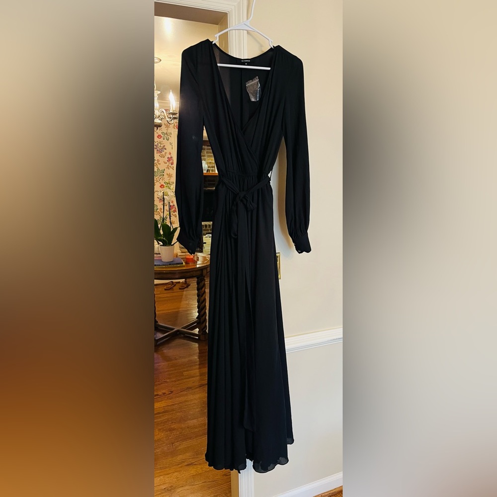 OLIVACEOUS BLACK V-NECK CHIFFON MAXI DRESS, Size- M